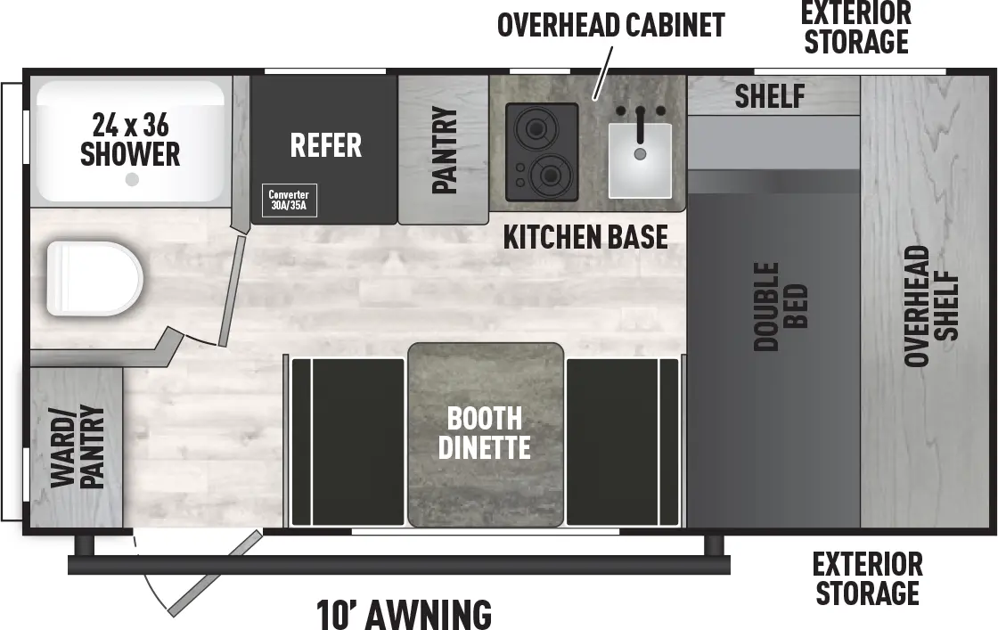 The Viking Travel Trailers 16SFB has one entry and zero slide outs. Exterior features include: metal exterior and 10' awning. Interiors features include: front bedroom.